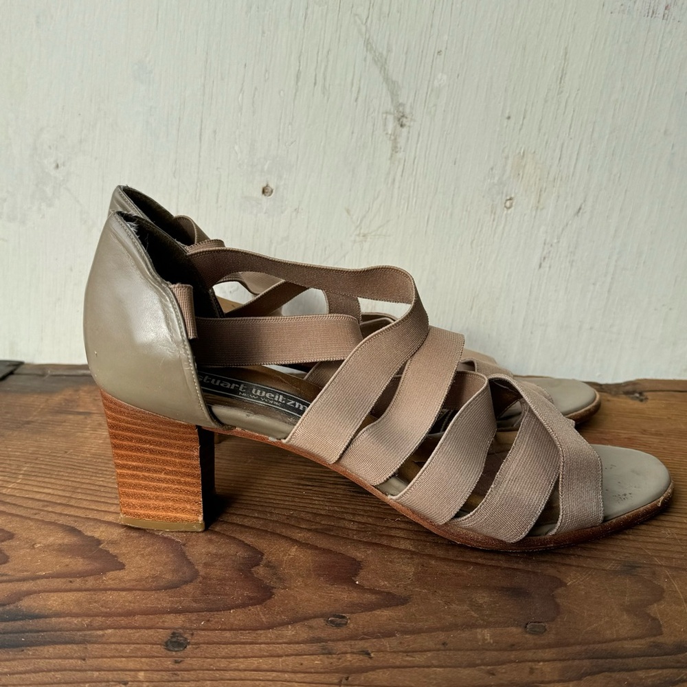 Stuart Weitzman // Tan Elastic Strappy Stacked He… - image 2